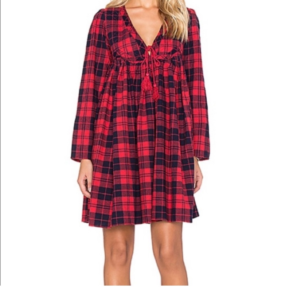 DRA Anthropology Red Black Plaid V-Neck Long Sleeve Buffalo Check Holiday Dress
